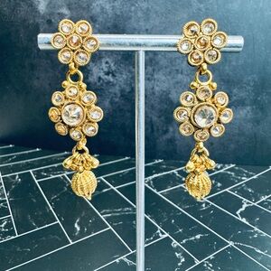 Gold Jadau Kundan Style Drop Earrings - SKU D